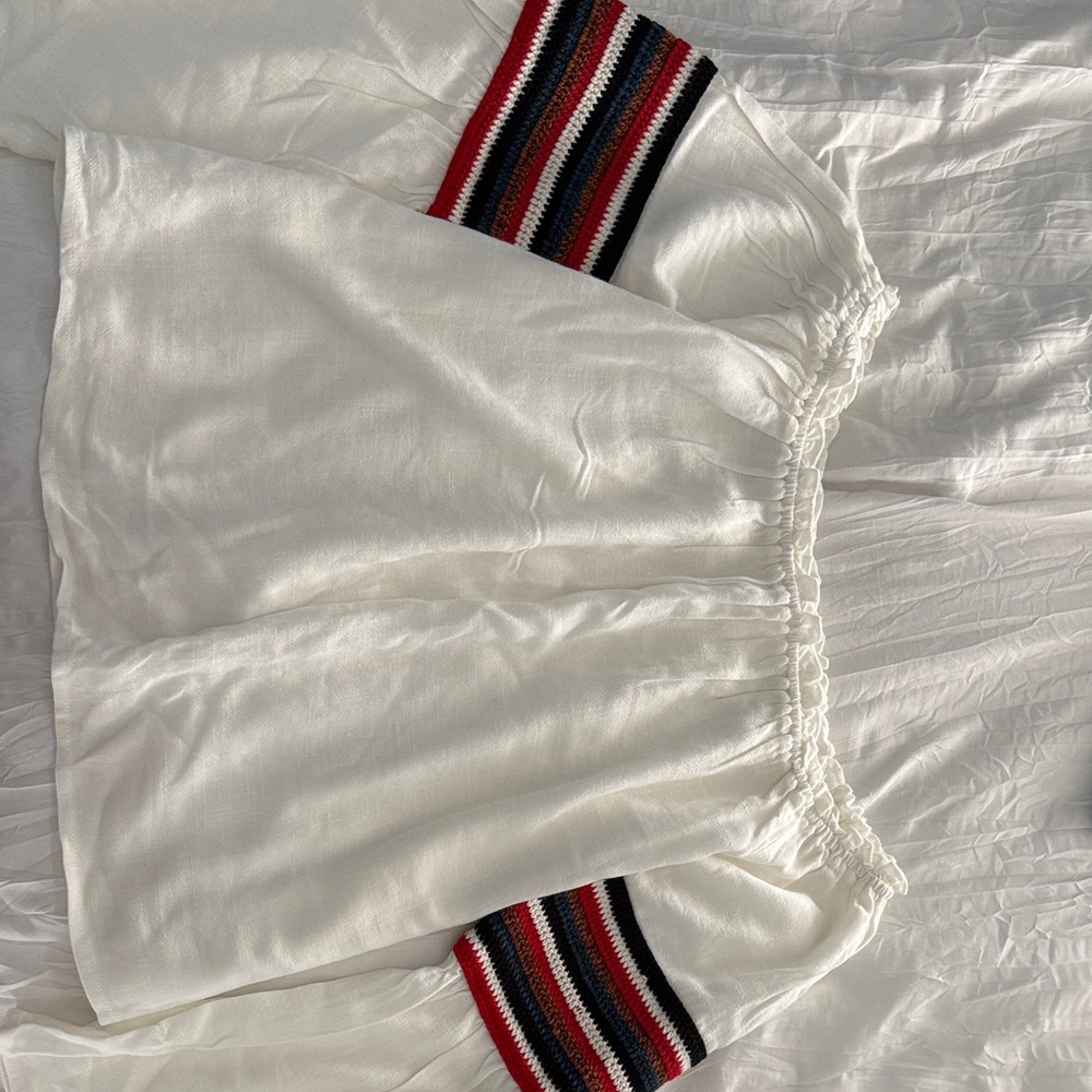 White Off the Shoulder Top with Knitted Striped Bell Sleeves